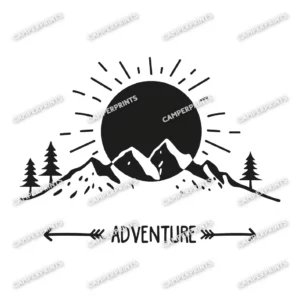 Adventure mountain and sun sticker tekening.