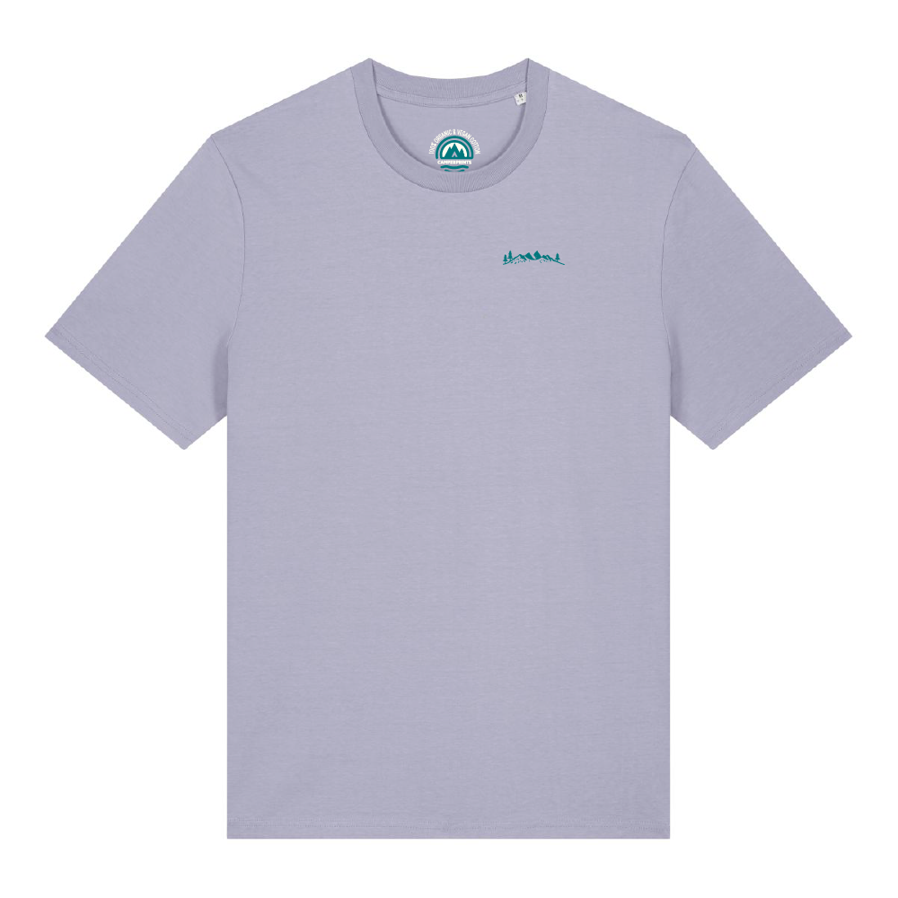 Camperprints T shirt adventure mountains and sun voorzijde met een mooi strak borstlogo van een berg