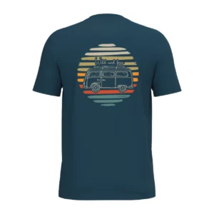 T-shirt vanlife wild and free achterkant met busje en text wild and free.