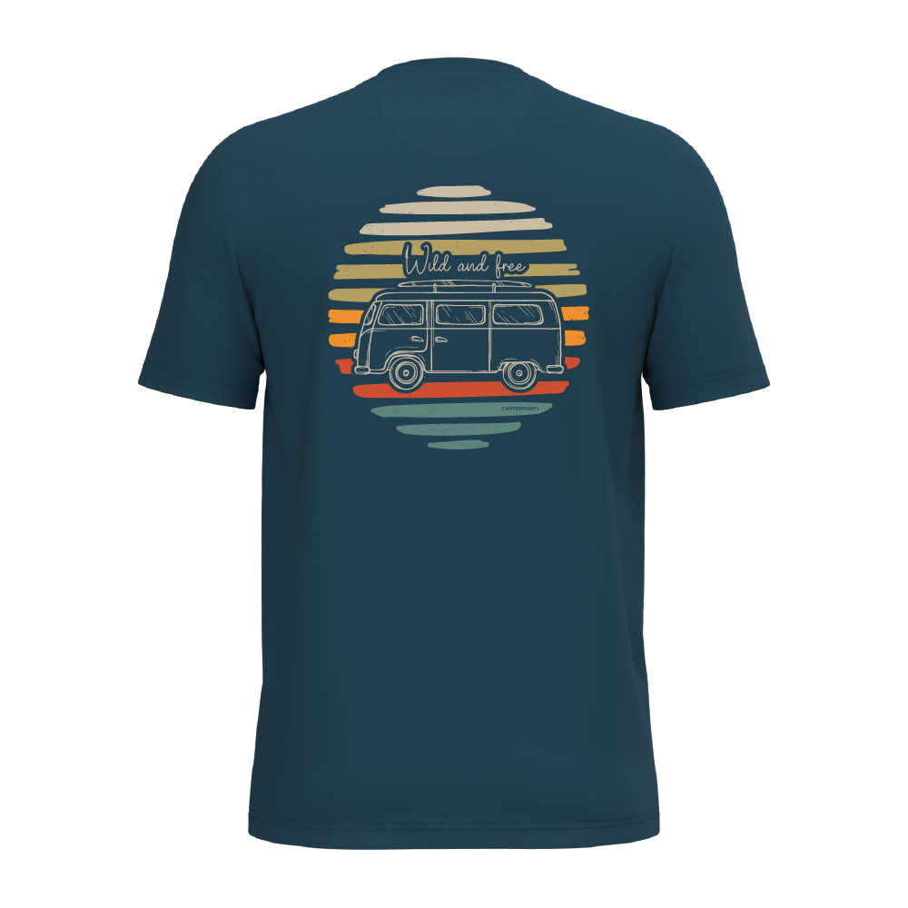 Tshirt vanlife wild and free1 Camperprints T shirt vanlife wild and free achterkant met busje en text wild and free