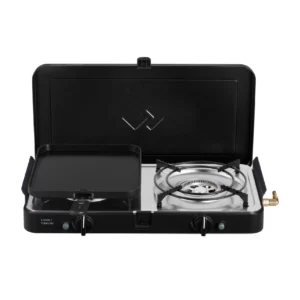 Cadac 2 cook turbo ffd deluxe bovenaanzicht opengeklapt met bakplaat.