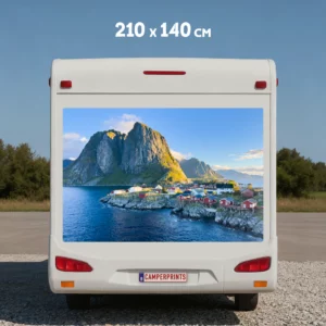 Rechteckiger Foto Wohnmobil Aufkleber 210 x 140 cm mit Panorama-Aufkleber, abgebildet auf einem Camper.