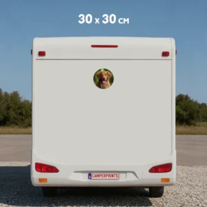 Round camper photo sticker 30 x 30 cm on the back of a camper