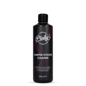Voorbeeld van een fles Pinky's Camper sticker cleaner met witte achtergrond.
