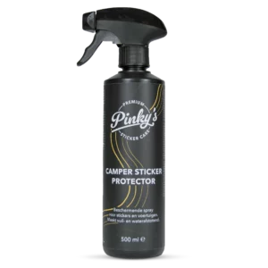 Black plastic spray bottle with a trigger grip, label reads 'Camper Sticker Protector'